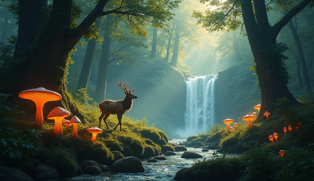 Enchanted Forest 7,Magical creatures,(glowing mushrooms),sparkling waterfalls,fantasy,Leonora Carrington,a fantasy forest,Hazy perspective,sunlight filtering through the trees,(Glowing sika deer),Rich in color,distribution,light and shadow effect,k hd,tmasterpiece,Detailed details,depth of fields 32K UHD