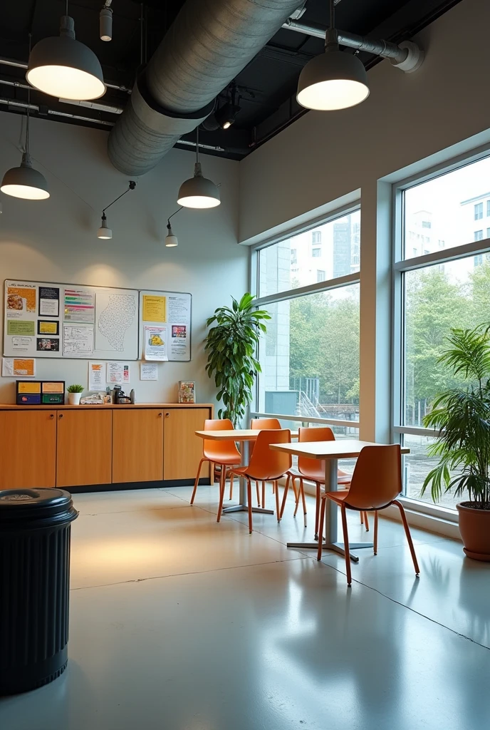 Generates an image of an educational kiosk with chairs and tables on the floor and garbage