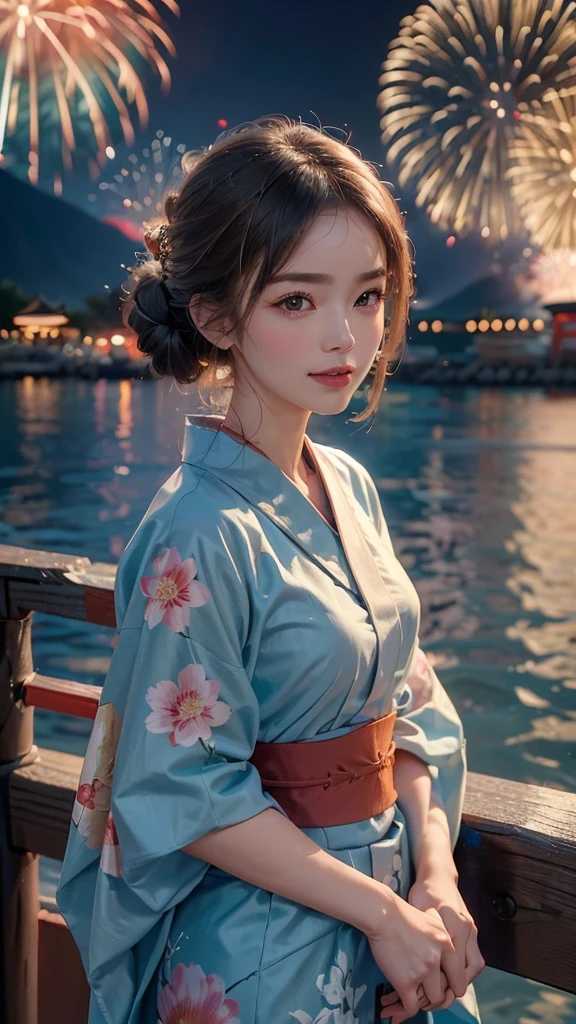 ((A realistic image of a girl watching a fireworks display at Miyajima)),
The girl is facing the camera,
The sky is filled with colorful fireworks,
Fireworks are reflected on the water's surface,
The girl is wearing a blue yukata with traditional patterns,
Her hair is styled in an elegant updo,
((The angle includes a view of Itsukushima Shrine in the background))
The aspect ratio is 9:16
The scene captures the festive atmosphere, with vibrant fireworks lighting up the night sky over the water