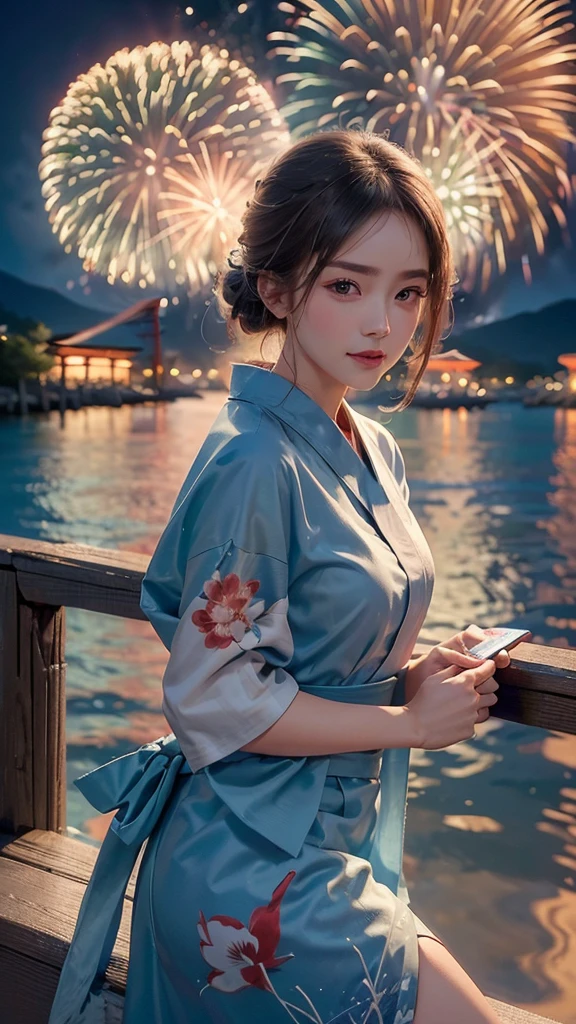 ((A realistic image of a girl watching a fireworks display at Miyajima)),
The girl is facing the camera,
The sky is filled with colorful fireworks,
Fireworks are reflected on the water's surface,
The girl is wearing a blue yukata with traditional patterns,
Her hair is styled in an elegant updo,
((The angle includes a view of Itsukushima Shrine in the background))
The aspect ratio is 9:16
The scene captures the festive atmosphere, with vibrant fireworks lighting up the night sky over the water