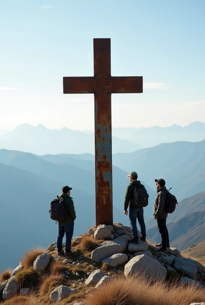 Men visiting a rusty cross on top of a mountain 