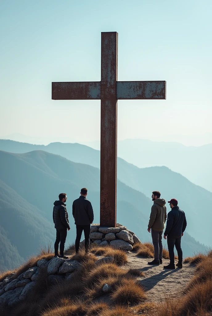 Men visiting a rusty cross on top of a mountain 