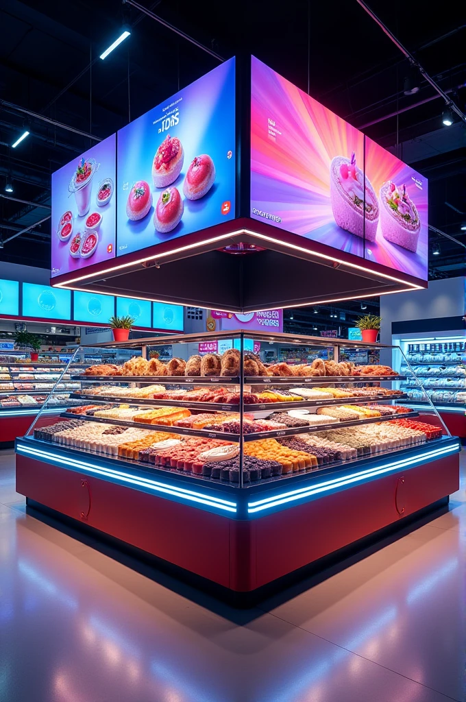 Supermarket product display with LED lights and on top of the display with LED screens What show the product that is displayed