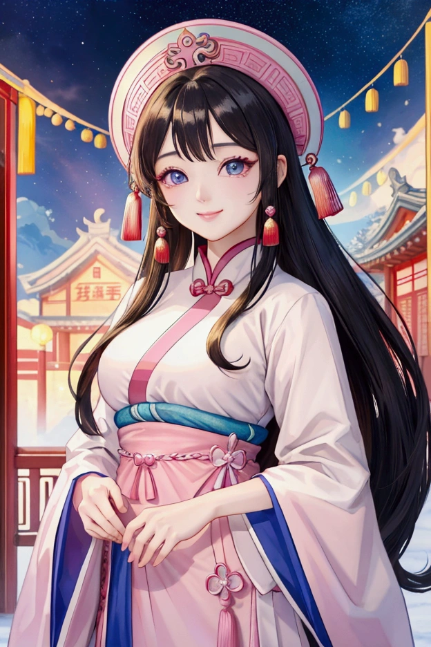 (Highest quality、 8k 、masterpiece、High resolution)、(Chinese Drama、Changgexing、Li Changge、Dililaba)、Tang Dynasty、Changan、1 Female、Beautiful young person、blue eyes、Pretty lips、Hairpin、gem、decoration、(Noble Princess)、(Anime Beauty)、(Anime Art)、Smiling and posing happily、Bright atmosphere、Light colored long hair、Light pink Hanfu、古いChanganの街並み、Tang Dynasty Buildings、Tang Dynasty Buildings、Official Art、Detailed CG、