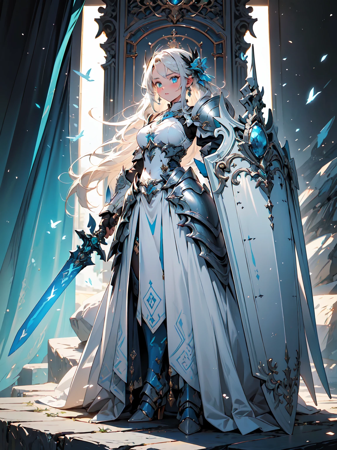 (((masterpiece, best quality, high detailed, 16k))) (1girl) A noble knight with flowing blonde hair and bright blue eyes, clad in shining silver armor adorned with royal blue accents. She carries a large shield emblazoned with a regal lion and wields a longsword that glows with holy light. Her stance is strong and unyielding, exuding an aura of protection and valor. ((full body view))