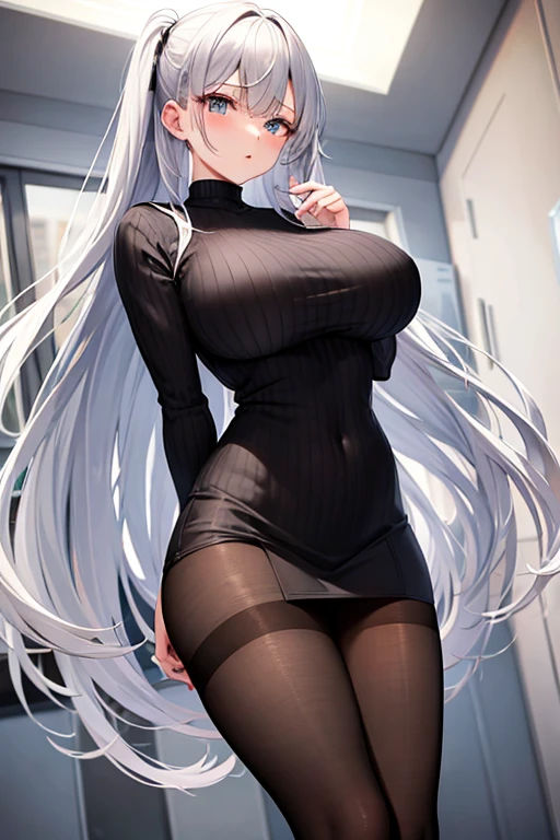 Big Breasts　Vertical knitwear　Black Pantyhose　Silver Hair　long hair　High resolution　masterpiece　Highest quality