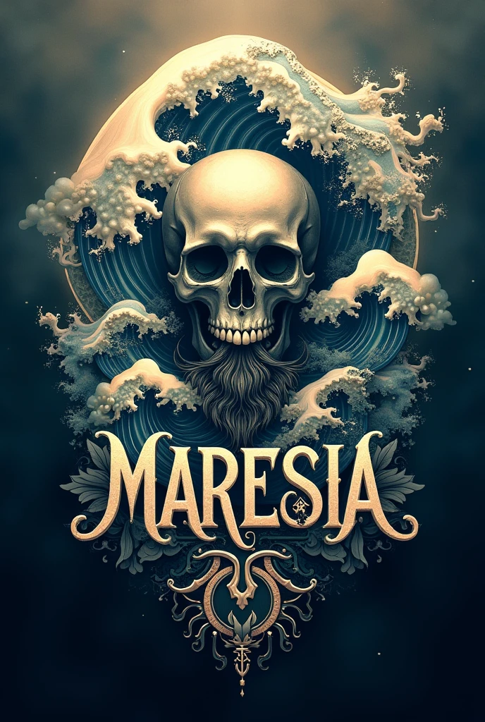 Create a logo for a band called Maresia with waves and skulls with an oriental feel and that has the name of the band in the logo with the shadow of naked women