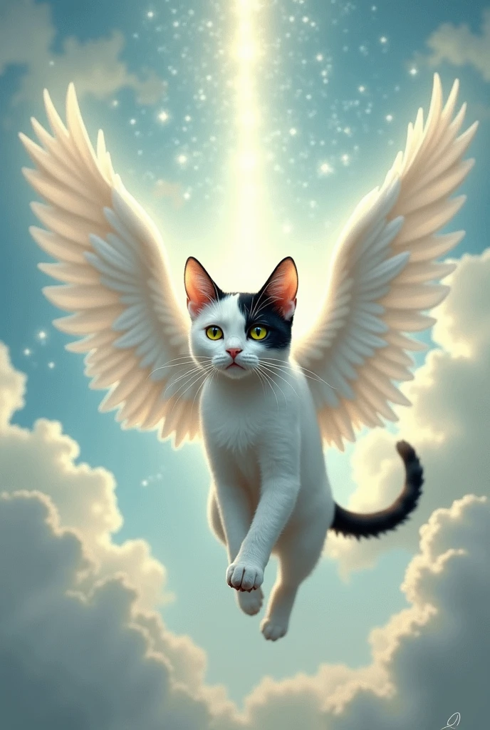 a white cat, black tail with white tip, It has a large black spot that runs from the forehead down to the tip of the nose.. his nose is black. He also has a black mole above the right side of his mouth., Saying goodbye entering heaven. The cat that has wings. His eyes are between green and yellow. An angelic image. The spot on his face is big. THE STAIN GOES FROM THE HEAD.