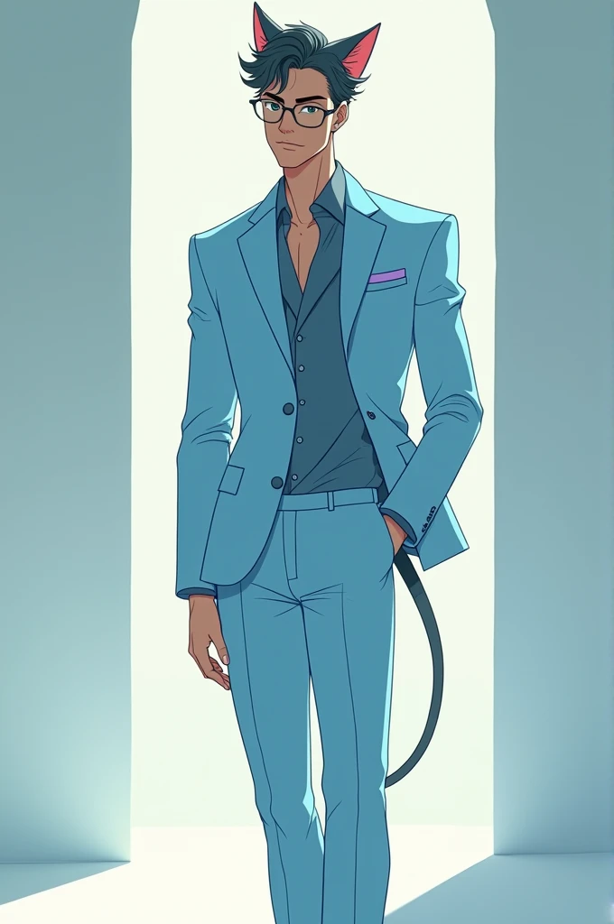 Male Suit, light blue, inspired by felines, animation style "carmen about", dressed in a male body, stark, slender,