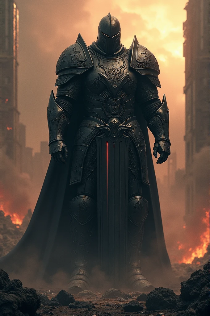 Knight with epic dark armor in apocalipsis background.