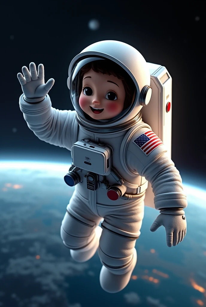 A realistic astronaut in space saying hello