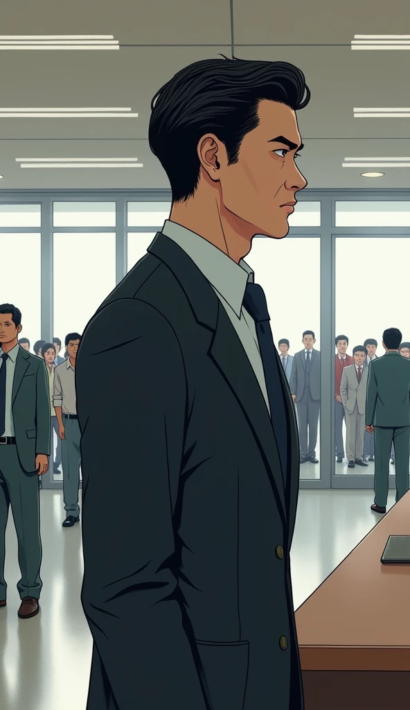 ((A man with short hair))，In the mall，Black Hair，Suits，((Cold expression))，Japanese comic style，Profile，At the counter