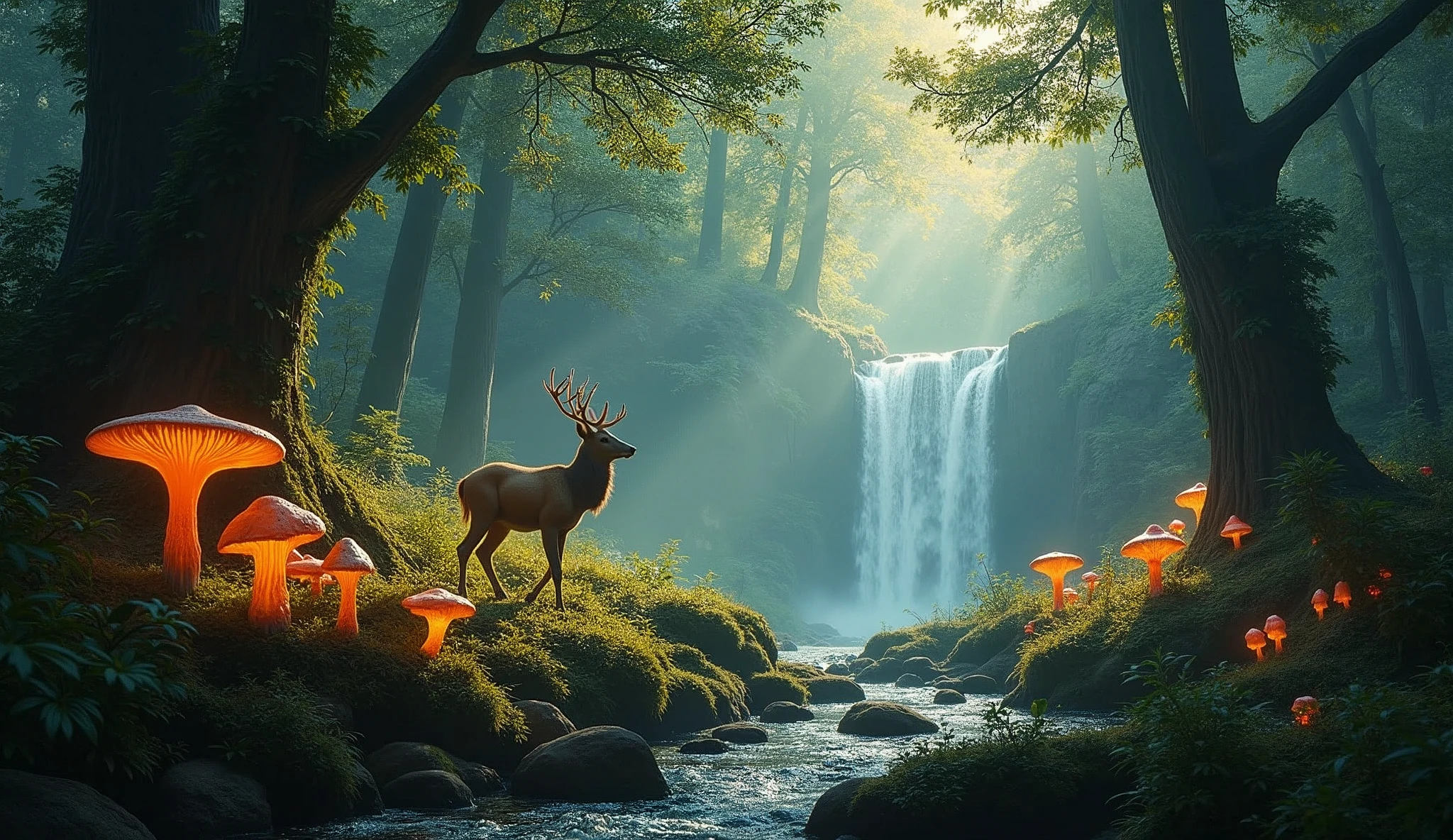 Enchanted Forest 7，Magical creatures，（glowing mushrooms），sparkling waterfalls，fantasy，Leonora Carrington，a fantasy forest，Hazy perspective，sunlight filtering through the trees，（Glowing sika deer），Rich in color，distribution，light and shadow effect，k hd，tmasterpiece，Detailed details，depth of fields 32K UHD