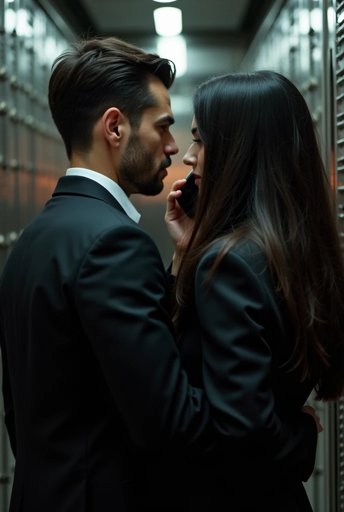black hair woman, Straight-haired man in a sleek black suit talking on the phone while stealing money inside a bank vault