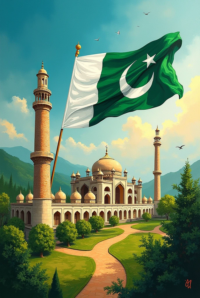 A painting portraying Pakistan, it's monuments and flag on theme: Colors of freedom