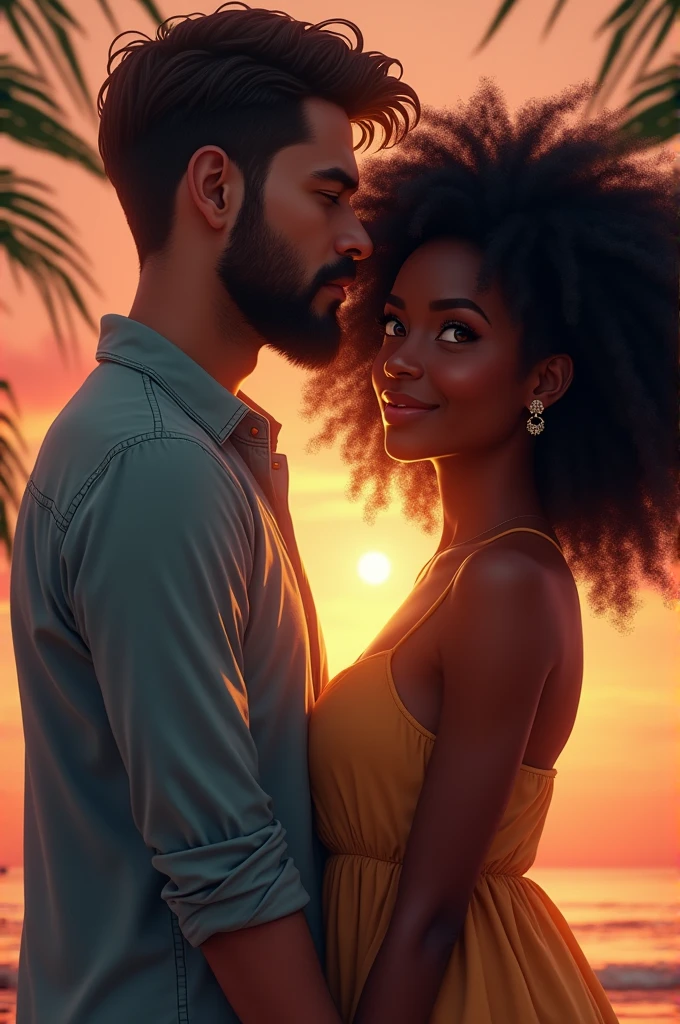A man of 1,80 tall, brunette skin, barba, straight hair and striking eyebrows and a woman of 1,60 black skin, curly hair, smile and striking look hand in hand