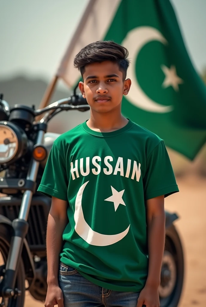 A 21 year old  boy standing in front of heavy bike and wearing Pakistan national flag shirt on which name "HUSSAIN "is printed and Pakistan national flag in his hand 