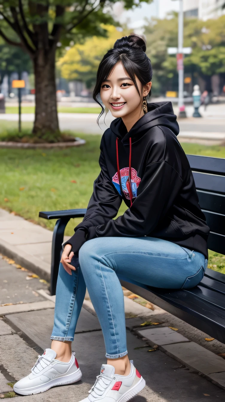 Super Resolution、Beautiful Korean Women、Full body photo、sitting on a park bench、Black Hair、Hairstyle bun、ear piercing、necklace、hoodie、Skinny jeans、sneakers、、smile、Beautiful teeth alignment