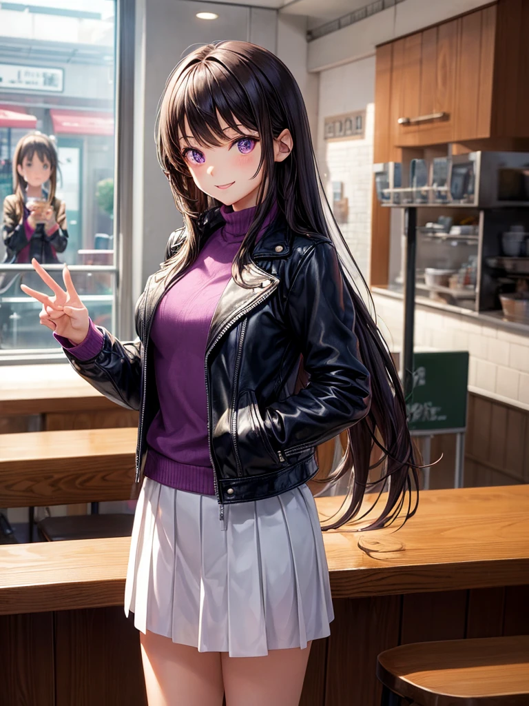 middle School girls,smile,Beautiful girls,Beautiful girl from another world,Several girls are depicted,Standing posture,Cafe,Purple Eyes,family restaurant,leather jacket,I'm horny,Best Quality,hoodie,Super cute girl,制服とleather jacketコーデ,battle,Colorfulな髪色,Perfect Girl,Super cute girl,Cute uniform,Uniform of the Future,Wearing a cardigan,Long Hair、Sparkling eyes,She has her bangs down,Colorful,Ultra HD,Young girl,sex,Naughty Girls,Full body image,Big Breasts,Beautiful Girl's Paradise,Fashion Girl,Naughty Girls,Beautiful Girl Country,High-dimensional beautiful girl,A beautiful girl who transcends everything,So beautiful,Absurd,Beautiful girls,