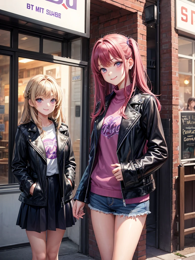 middle School girls,smile,Beautiful girls,Beautiful girl from another world,Several girls are depicted,Standing posture,Cafe,Purple Eyes,family restaurant,leather jacket,I'm horny,Best Quality,hoodie,Super cute girl,制服とleather jacketコーデ,battle,Colorfulな髪色,Perfect Girl,Super cute girl,Cute uniform,Uniform of the Future,Wearing a cardigan,Long Hair、Sparkling eyes,She has her bangs down,Colorful,Ultra HD,Young girl,???,Naughty Girls,Full body image,Big Breasts,Beautiful Girl's Paradise,Fashion Girl,Naughty Girls,Beautiful Girl Country,High-dimensional beautiful girl,A beautiful girl who transcends everything,So beautiful,Absurd,Beautiful girls,