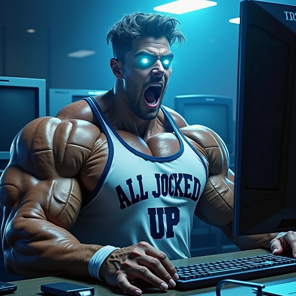 A hyper muscular male college student wearing a shirt that says ALL JOCKED UP sits in front of a monitor in a dark computer lab at night staring vapidly over the glowing screen shining light on his face as his mouth hangs completely open and he is hypnotized and brainwashed to be a big dumb stereotypical bodybuilder football jock with glowing eyes. Repeating mantras to meet their goal to be big dumb muscular sweaty bodybuilder bros. Saying, "Must be big.... Must be dumb.... Big dumb jock.... I ... must become.... Uhhhhhh ... Huhuh ... I'm all jocked up, bro. Jocks are big. Jocks are dumb. Must be big.... Must be dumb...." Big biceps. Big triceps. Big traps. Broad shoulders. Broad chests. Hyper thick meaty pecs. IQ drain. Hyper bulging crotch. Dumber and dumber. hypnosis. hypnotized. Brainwashing. Brainwashed. mindless. entranced. Enthralled. Meathead. Musclehead. Meatheadosis. Flexing. Digital Painting.