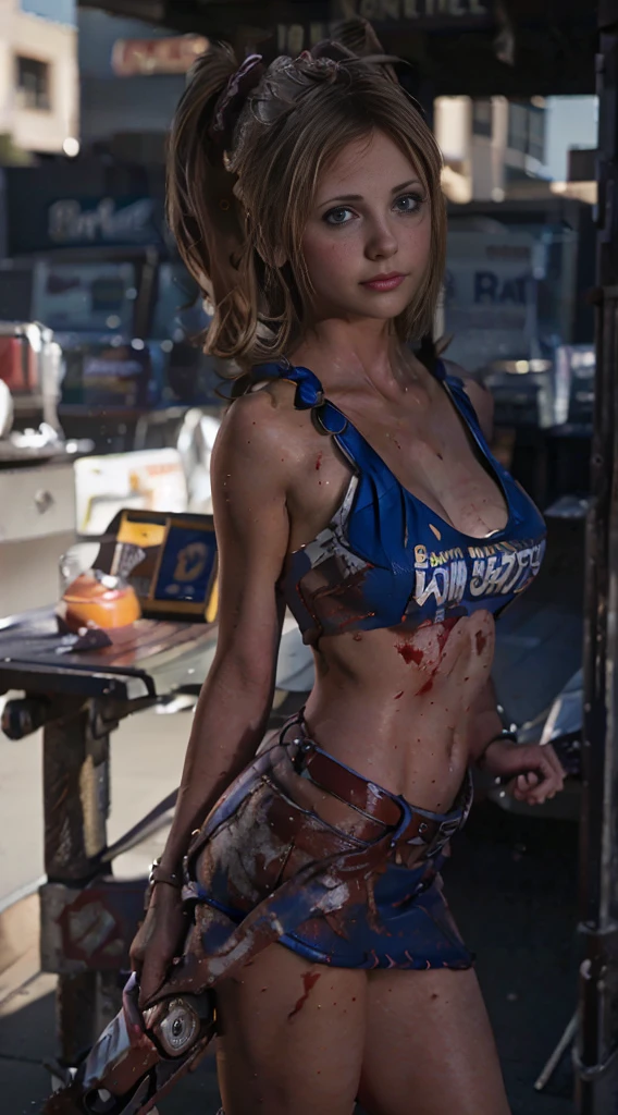 juliet starling((Sarah Michelle Gellar 35)),blonde twin-tail hair,blue eyes, curvaceous body, thigh highs,dark blue cheerleader outfit, skirt, wristband, belt,makeup,white leg wear, red socks, looking at viewer, angry, smiling, holding a ((realistic DeWalt brand cordless chainsaw with an 18 inch blade 3)) ready to swing at the viewer,covered in blood, outside, parking lot, blue sky, woman extremely detailed, hdr, high quality, ((in the style of a Blockbuster 2012 Movie from Fox Entertainment 1)) posed in the style of Boris Vallejo Masterpiece quality dynamic posing masterful use of studio lighting ultra-high detailed ultra-high resolution 16k 1080 1200 Pixel Per Inch resolution best quality