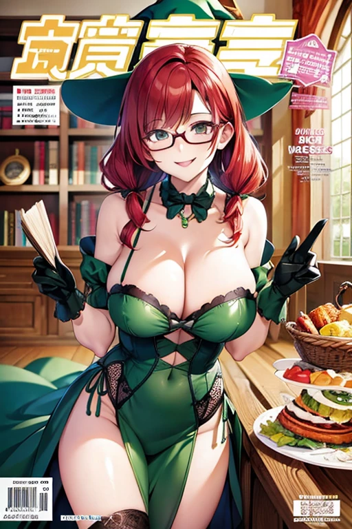 magazine cover, glasses, redhead, witch, green lingerie, sexy pose, big breasts, smile, green witch hat, pigtails
