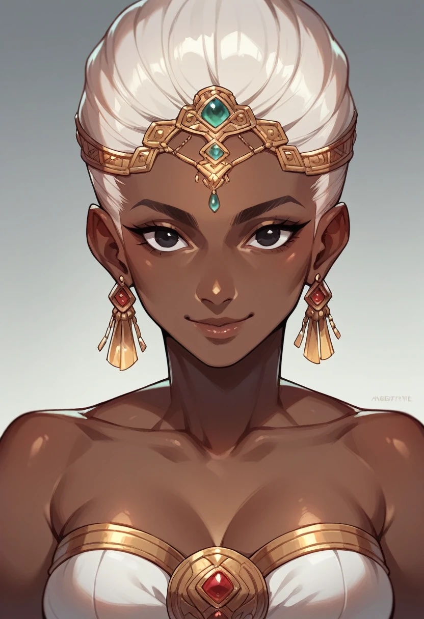 1 hot girl, Brunetette, girl stare, very dark skin, big black eyes, blouse showing shoulders, beautiful smile, africana