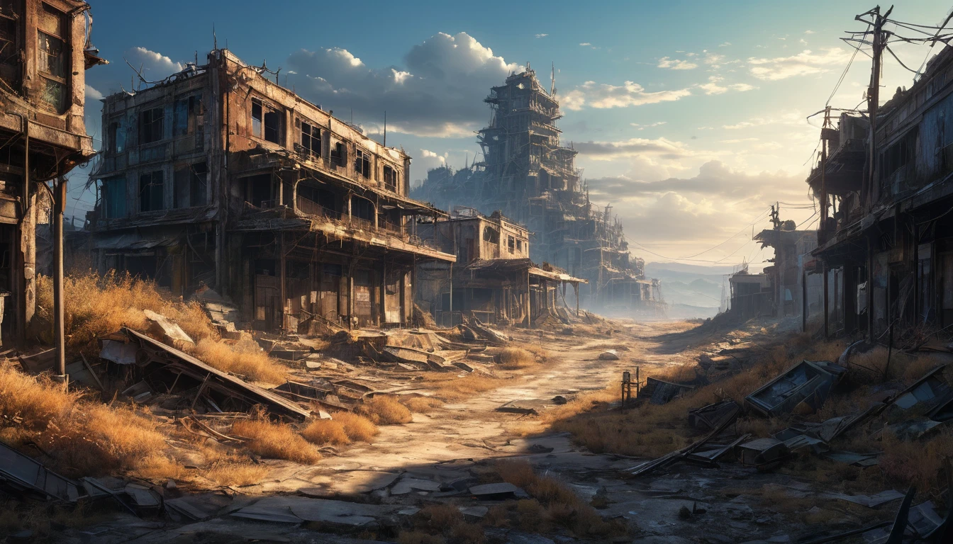 (anime, fantasy, wasteland), (best quality, highres, HDR:1.2), cold colors, dark atmosphere, harsh environment, abandoned land, rumbled buildings, drought, intricate, ethereal light, detailed landscape