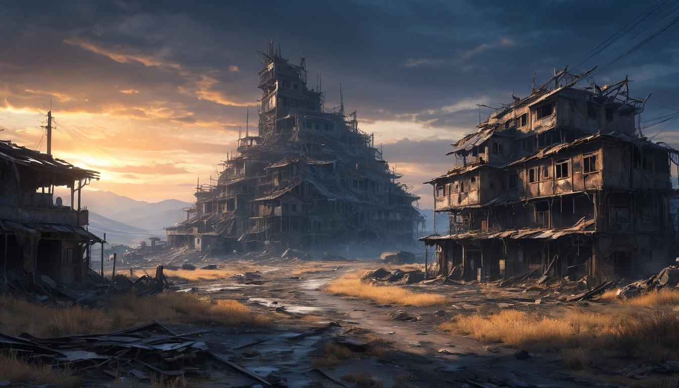 (anime, fantasy, wasteland), (best quality, highres, HDR:1.2), cold colors, dark atmosphere, harsh environment, abandoned land, rumbled buildings, drought, intricate, ethereal light, detailed landscape