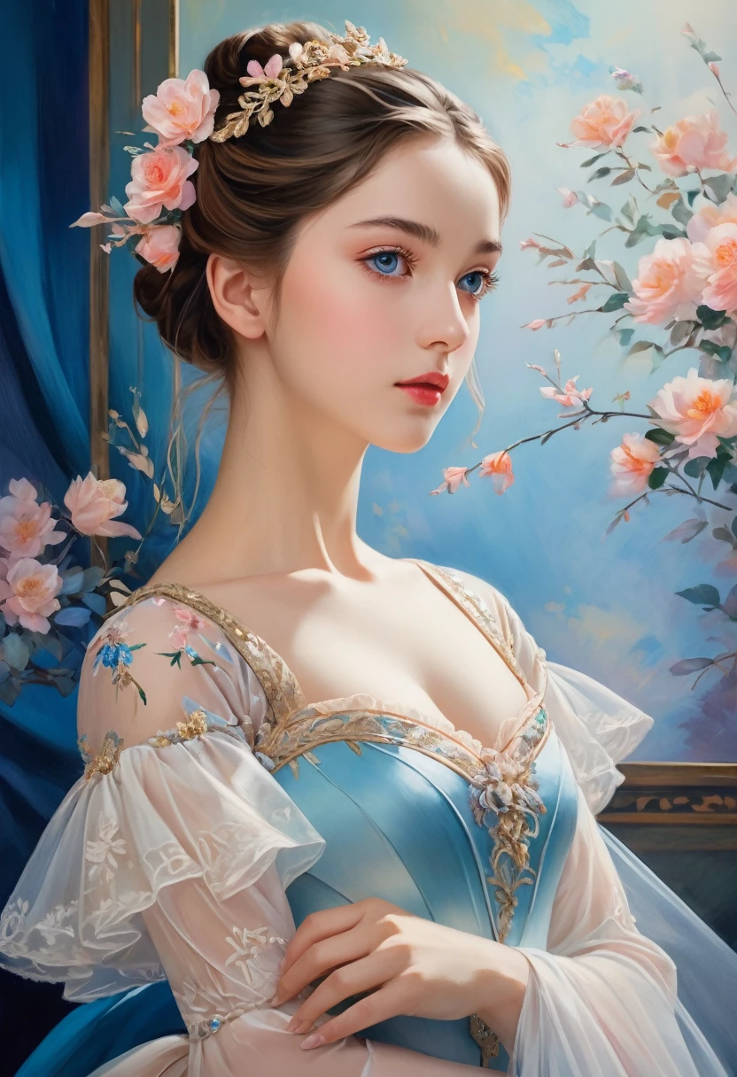 (high resolution,masterpiece:1.2),(Practical:1.37)"(best quality, high resolution, Extremely detailed, Practical),Beautiful portrait of a 16-year-old French ballerina from the 19th century, (She is of French and Japanese descent., She is a beautiful woman with deep blue eyes and a high nose:1.1), Exquisite ballet costumes, Detailed facial features, Slender and graceful neck, Flowing hair, Elegant posture, Soft and delicate lighting, Oil painting medium, Vibrant colors, Subtle background with floral pattern", Dreamy atmosphere, Surrealism,Mysterious atmosphere