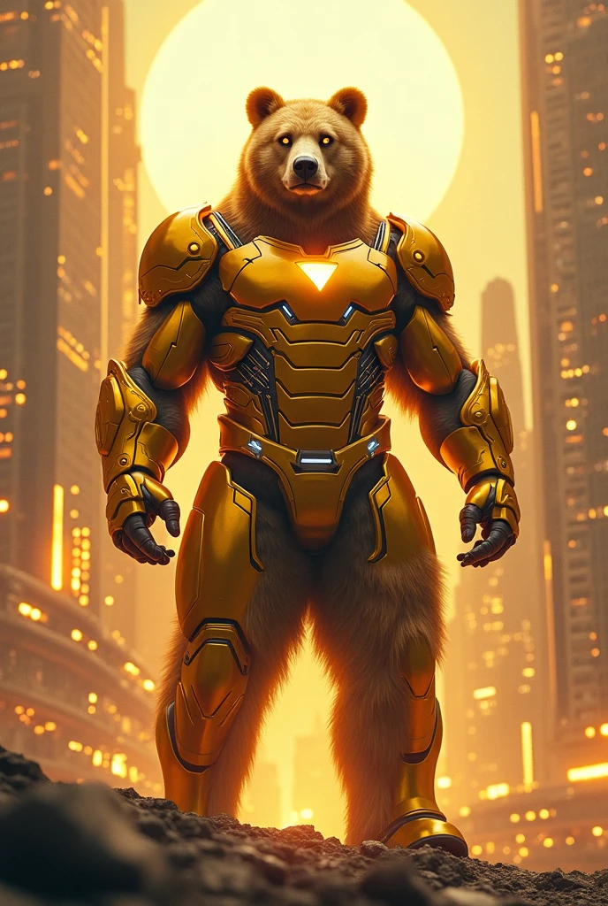 Sci-fi superhero of a bear in a golden suit with a title