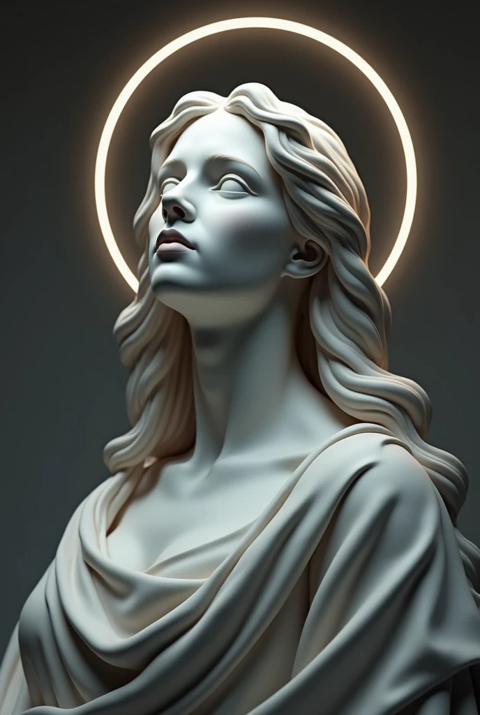 (photorealism:1.2)

A Greek-like statue of a modern day woman with long hair and a heavenly halo above her head. The background is a heavy gray color with soft lighting. A tear falling from her right eye.