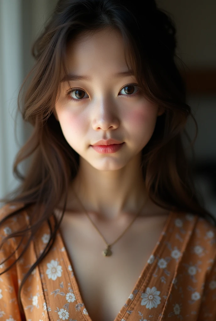 best quality, face focus, soft light, ultra high res, (photorealistic:1.4), RAW photo,
asian girl, solo, cute, (pupil, lights in the eyes),  detailed beautiful face, (small chest),(high resolution detail of human skin texture),
(long hair),
indoor,
Damask Shirt Dress,
(portrait)