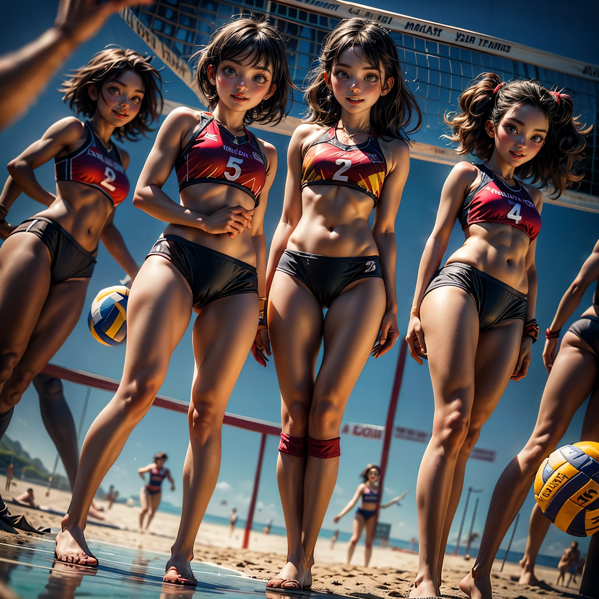 ExtremelyDetailed (((Beach Volleyball Team Kawaii Kids in a row:1.4))), Childish perfect face, Reflective Eyes, Detailed(Delicate Clothing textures), Corrected Leg to Foot Line, Corrected Perfect Hand, Dynamic Joyful Expressions LifeLike Rendering, ((Specular Reflection:1.28)), TopQuality 8K Ultra-detailed masterpiece (ProfessionalPhoto:1.37)(Acutance:0.8),(Luminism:1.22),
