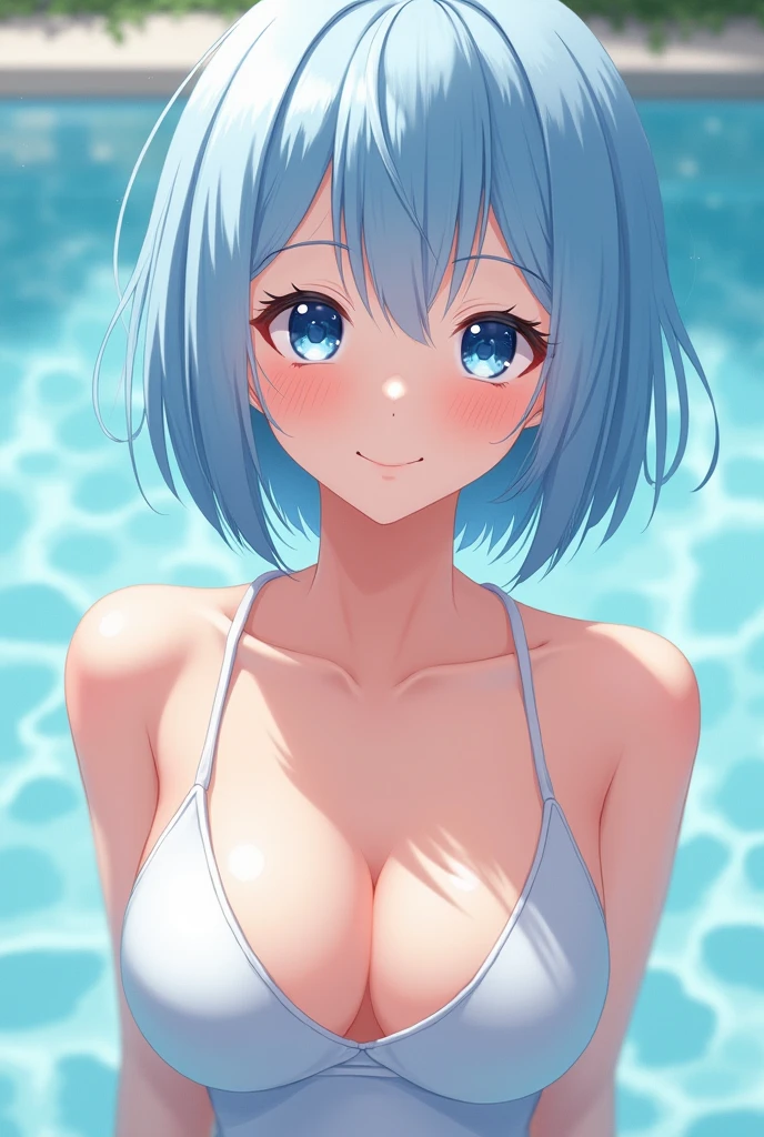 Light blue hair, light blue eyes, woman, smooth, short bob, swimsuit, big breasts, smile, small face, Japanese high school girl, hair on forehead