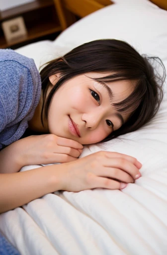 Cute Japanese schoolgirl is completely ????? and lying on her back in bed with her legs spread、A middle-aged Japanese man buries his face in his girlfriend's crotch、She has a man's head