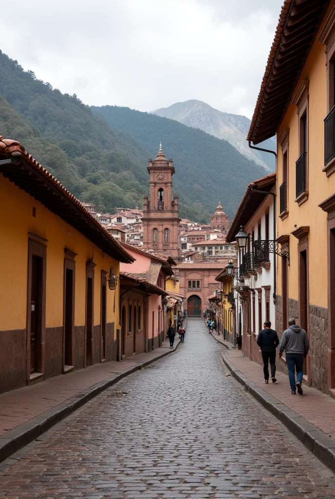 A panoramic view of colonial Cusco, with the Cathedral and the cobbled streets. The text on the box says: "Cusco, the navel of the world, in the heart of the Andes."