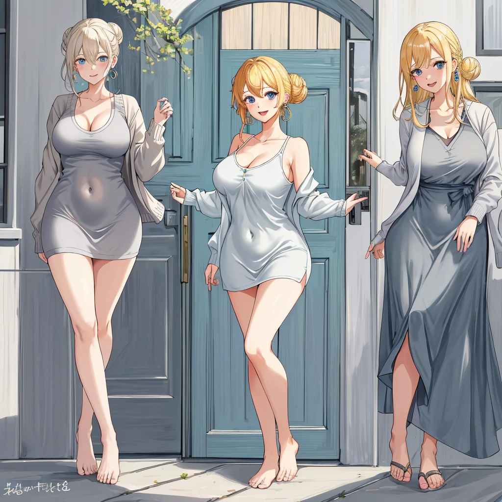 nami, best quality, masterpiece, ultra-detailed, high quality, highres, 1girl, mature female, blonde hair, hair bun, blue eyes, earrings, beautiful, beautiful and perfect face, smile, open mouth, looking at viewer, (tight grey dress tank top, cardigan), large breasts, navel, large ass, curvy body, POV, close shot, from the front, full body, feet, standing, leaning forward, in home, open the door
