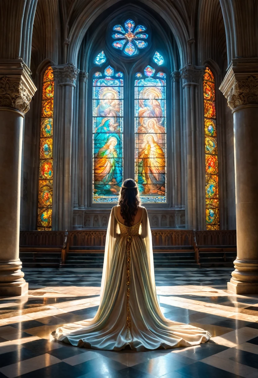 (best qualityer,4K,8k,high resolution,work of art:1.2),ultra detali,(realisitic,photorealisitic,photo-realisitic:1.37),cathedral, praying to God,Kale,Artistic photo,neat beauty,sunlight streaming through stained glass windows,serene expression,innocent and ethereal,breathtaking atmosphere,hushed whispers of devotion,Divine connection,transcendent moment,sacredness,dream quality,sublime lighting,architectural magnificence,divine embrace,sculptures and elaborate carvings,heavenly aura,spiritual journey,swirly vibrant colors,dappled light,ethereal glow,Celestial Realm,the girl's graceful curves highlighted by the sunlight,female form celebrated as art,prayerful solitude,peaceful serenity,Spiritual Enlightenment,Unspoken Desires,touch of vulnerability,celestial ethereality,magical realism,Exquisite details,poetic composition, (NSFW:1.3)
