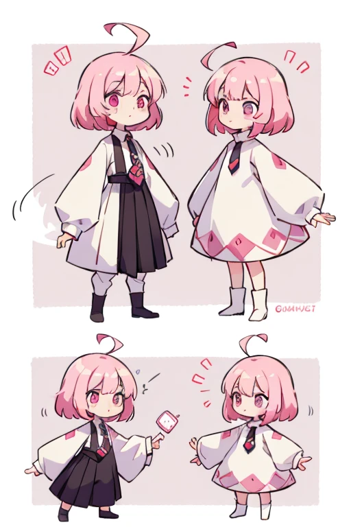 give me more designs of little pink hair girl, short with bangs and fuchsia eyes, dressed in a long-sleeved shirt and a tie and skirt
