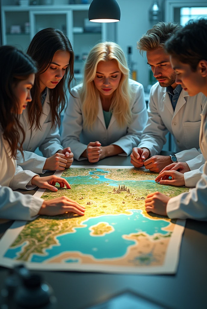 On a table a. Group of 5 scientists two young and one old and two women with loose hair, One blonde and the other black hair looking at a large map illustrated with landscapes like, mountains, a town and city and forests without sea. With a background as if they were in a laboratory