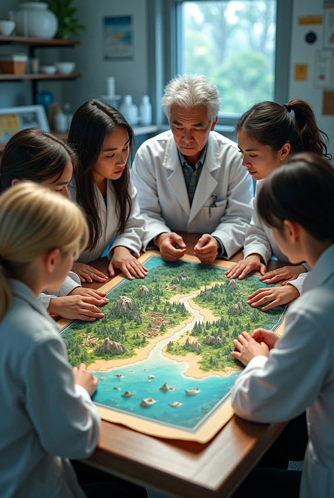 On a table a. Group of 5 scientists two young and one old and two women with loose hair, One blonde and the other black hair looking at a large map illustrated with landscapes like, mountains, a town and city and forests without sea. With a background as if they were in a laboratory 


