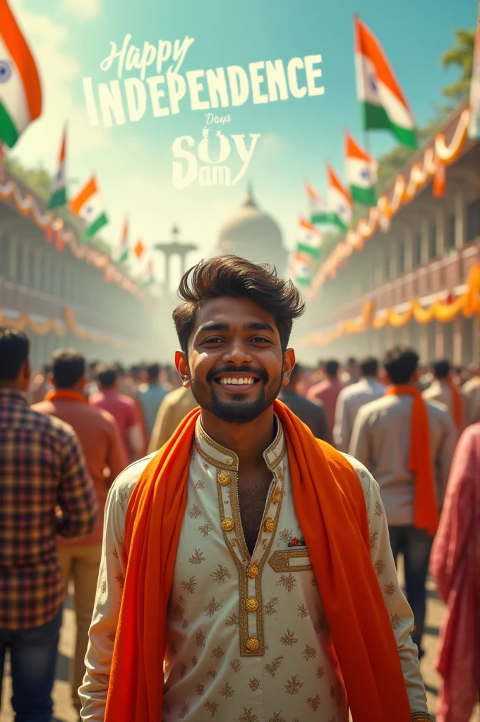"Generate a real-life image of a 21-year-old (boy) joyfully celebrating Indian Independence Day. The individual is dressed in traditional Indian attire with the name 'BHARATH' prominently displayed on their clothing. The sky above them features the words 'Happy Independence Day' in a bold font. The background is alive with a crowd of people celebrating, creating a vibrant and patriotic atmosphere."
