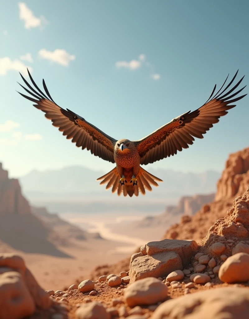 Desert rocky terrain,Eagle soaring in the sky,Sharp eyes,Create HDR max AI8k