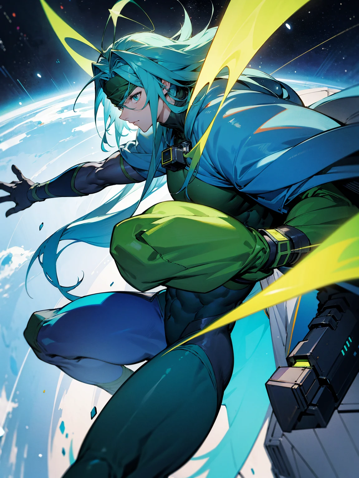 1male, green skin, antennae, long blue hair, headband, super suit, oversized fur coat, serious, muscular, four arms, space ship