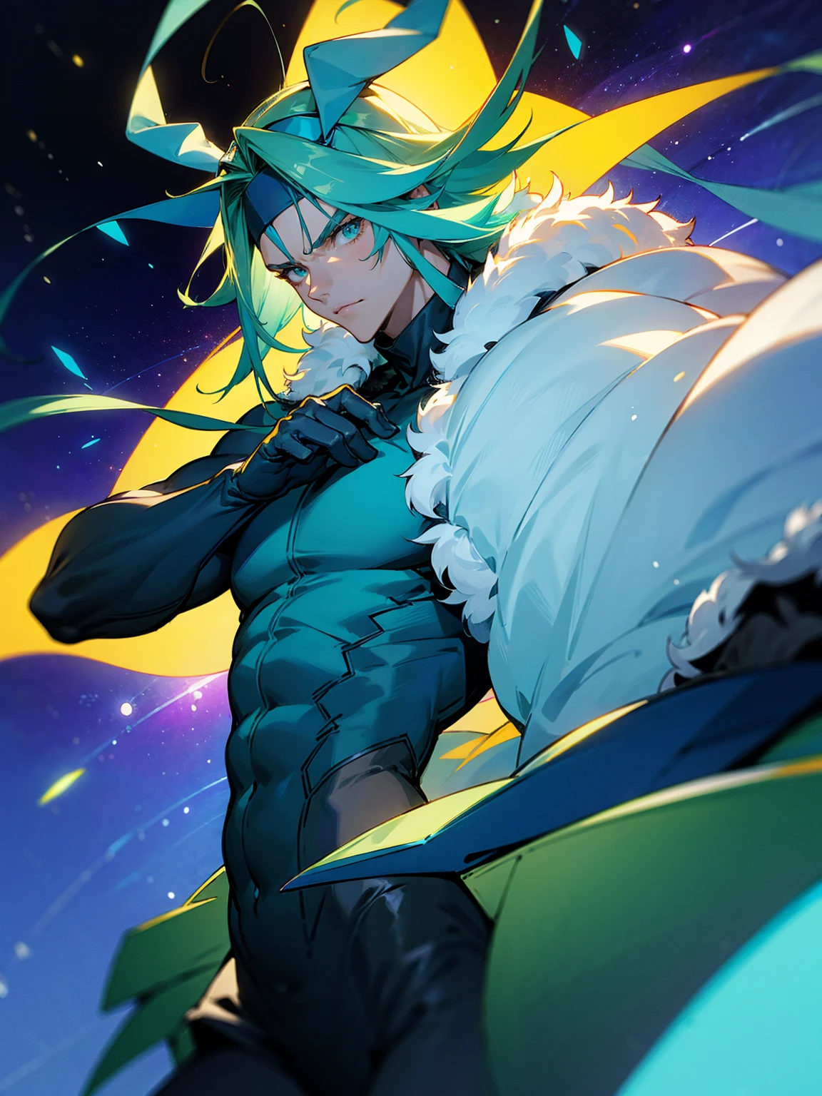 1male, green skin, antennae, long blue hair, headband, super suit, oversized fur coat, serious, muscular, four arms, space ship