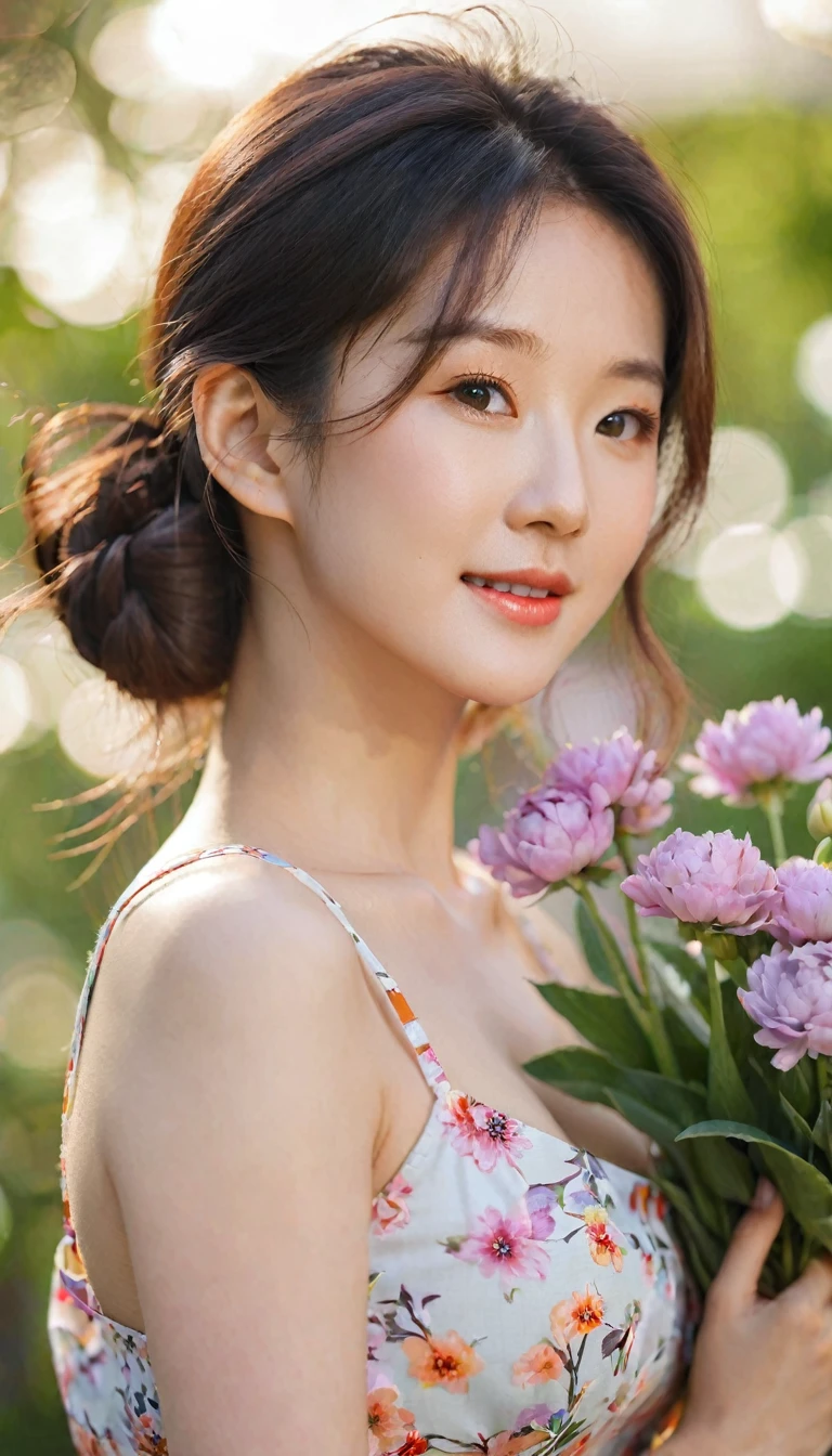 close-up, side shot of beautiful korean female, 34 inch breasts size, slightly smile , wearing floral crop top, holding flowers, bokeh background 