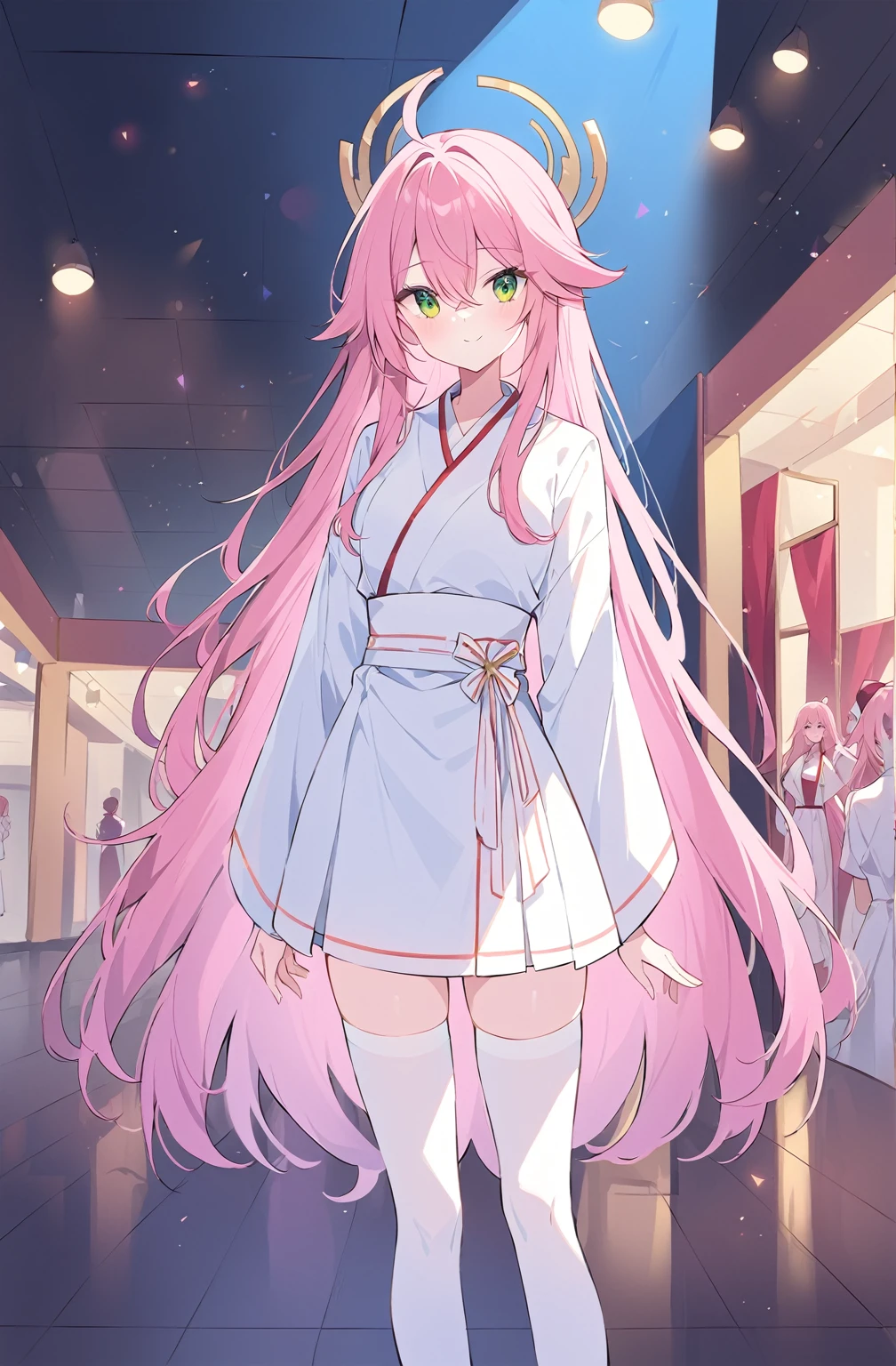 ((A pink-haired)),The hair was long,green eyes,Very long dull hairs,party hall background,((white kimono costume)),((White miko stockings)),((white mini skirt)), standing,pink hair,pink hair,party hall,((white kimono costume)),((White miko stockings)),((white mini skirt)),