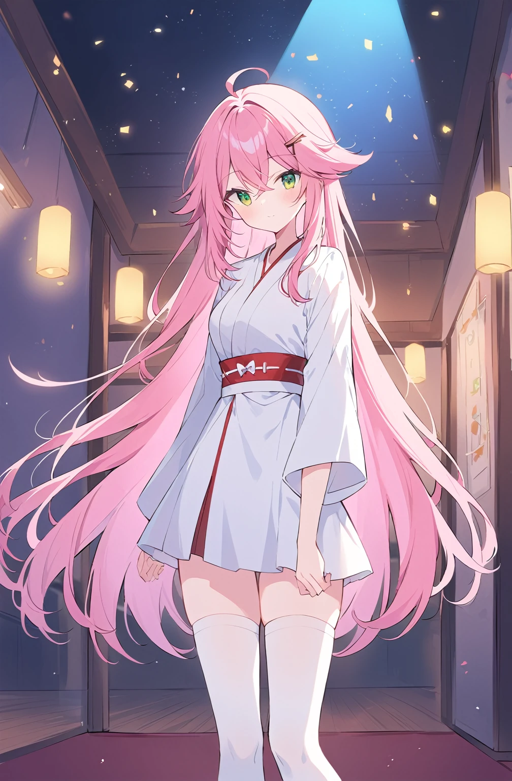((A pink-haired)),The hair was long,green eyes,Very long dull hairs,party hall background,((white kimono costume)),((White miko stockings)),((white mini skirt)), standing,pink hair,pink hair,party hall,((white kimono costume)),((White miko stockings)),((white mini skirt)),